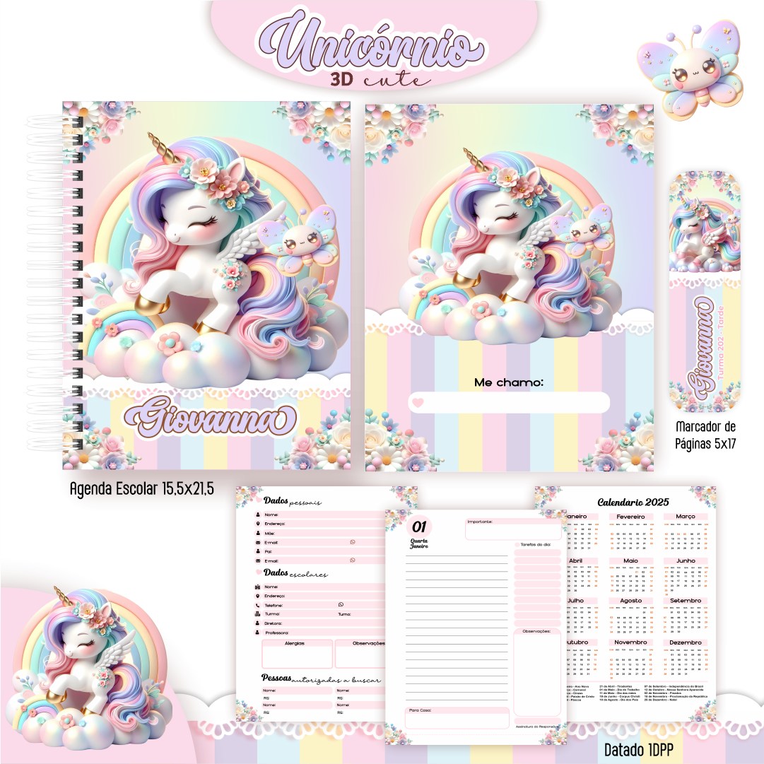 Arquivo Digital Agenda Escolar Unicórnio 3D – Kit Premium Pronto para Imprimir