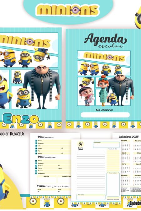 Arquivo Digital Agenda Escolar Minions 2025 – Kit Completo com Miolo Datado
