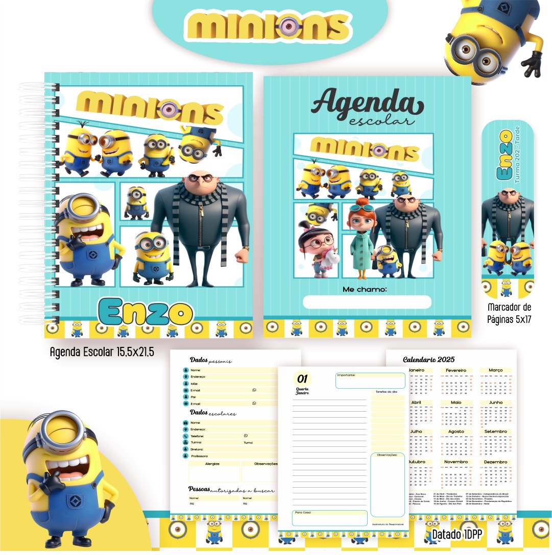 Arquivo Digital Agenda Escolar Minions 2025 – Kit Completo com Miolo Datado