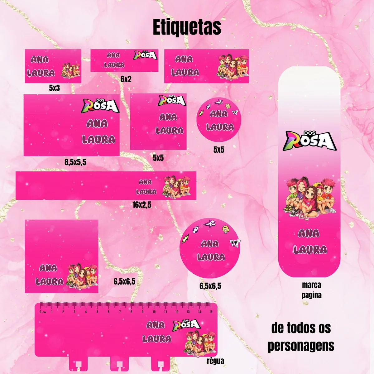 Arquivo Digital Etiquetas Escolares dos Rosa + Régua e Marca Página