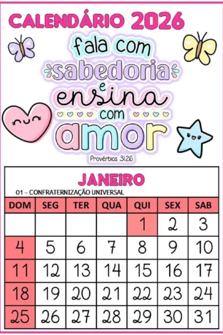 Calendário 2026 com frases bíblicas para imprimir PDF