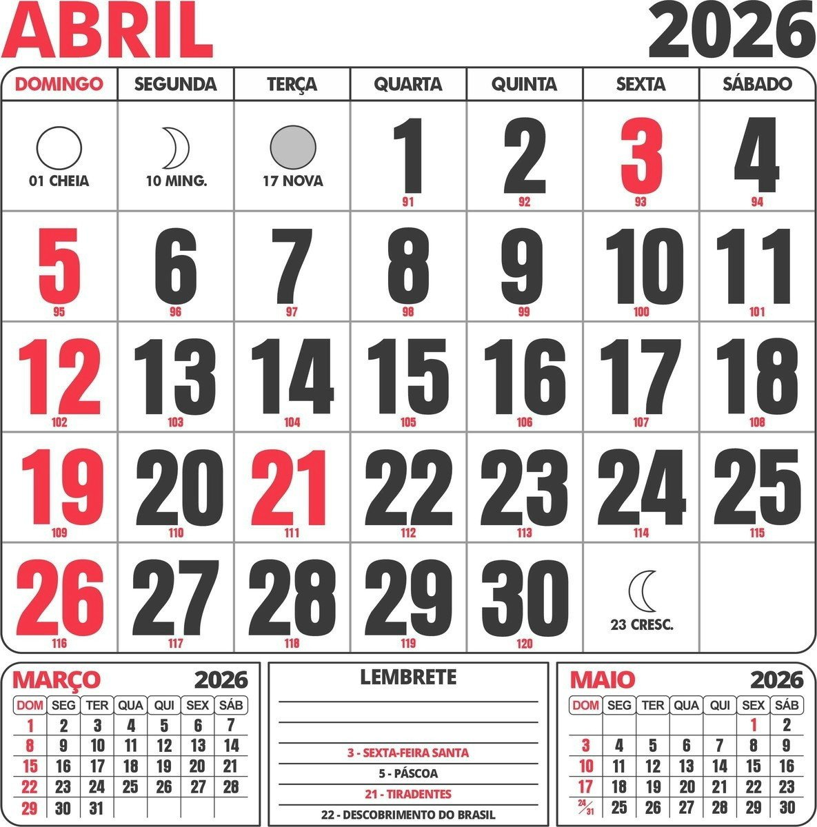 Calendário 2026 para Imprimir com Feriados A0 até A6 em pdf+png