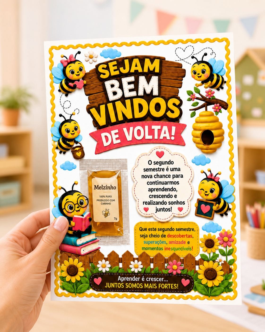 Cartão Sejam Bem-Vindos de Volta com Espaço para Melzinho | Imagem Digital para Imprimir