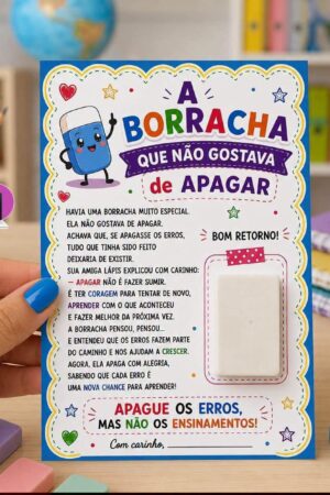Cartão de Boas-Vindas Escolar – A Borracha que Não Gostava de Apagar | Arquivo Digital para Imprimir