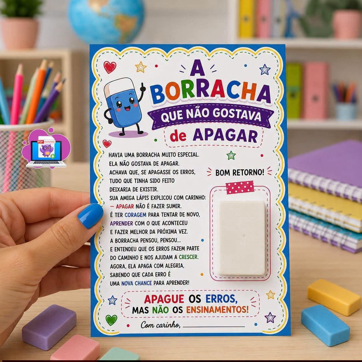 Cartão de Boas-Vindas Escolar – A Borracha que Não Gostava de Apagar | Arquivo Digital para Imprimir