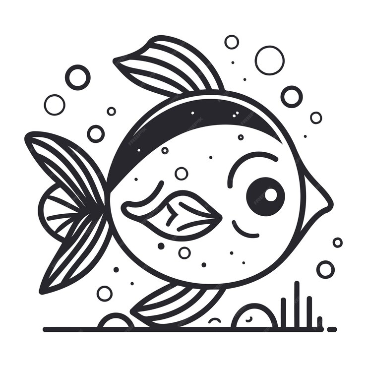 Peixe bonito de desenho animado ilustração vetorial em preto e branco para livro de colorir