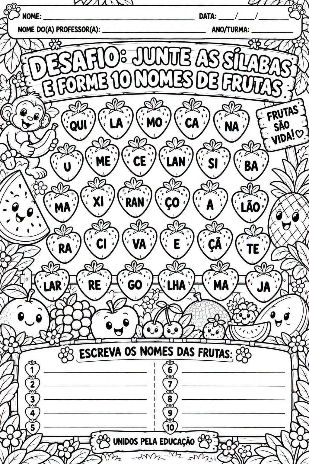 Junte as sílabas – Frutas para colorir